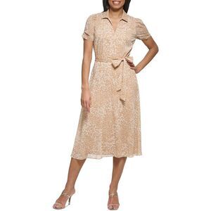 DKNY Womens Beige Chiffon Belted Printed Midi Dress NWOT